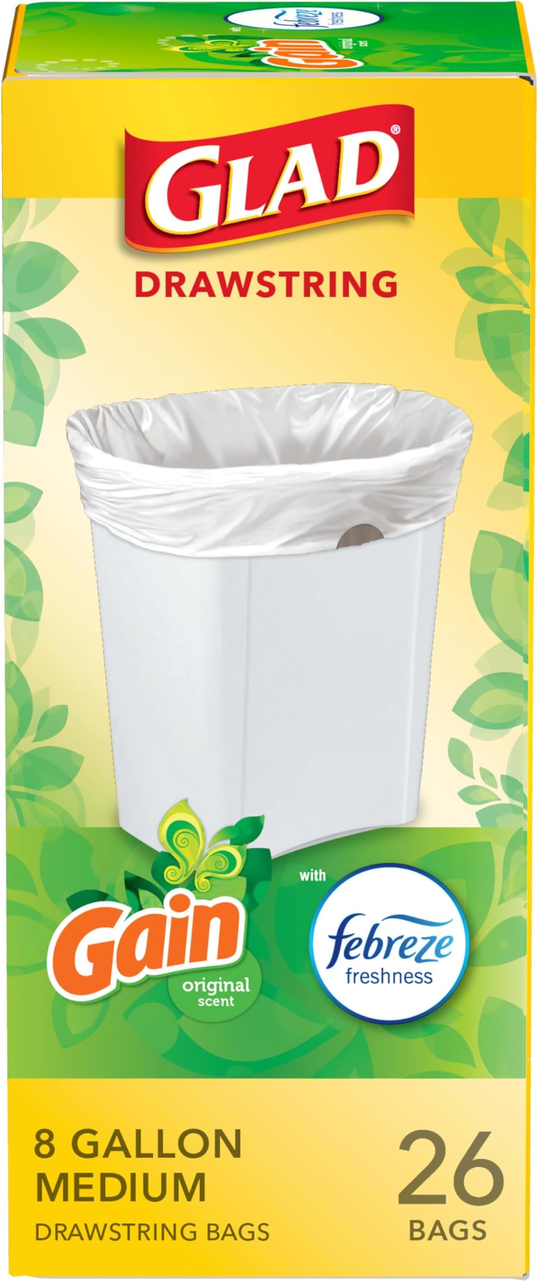 Glad Medium Drawstring Trash Bags, 8 Gal, Gain Original Scent with Febreze, 26 Ct, Pack May Vary