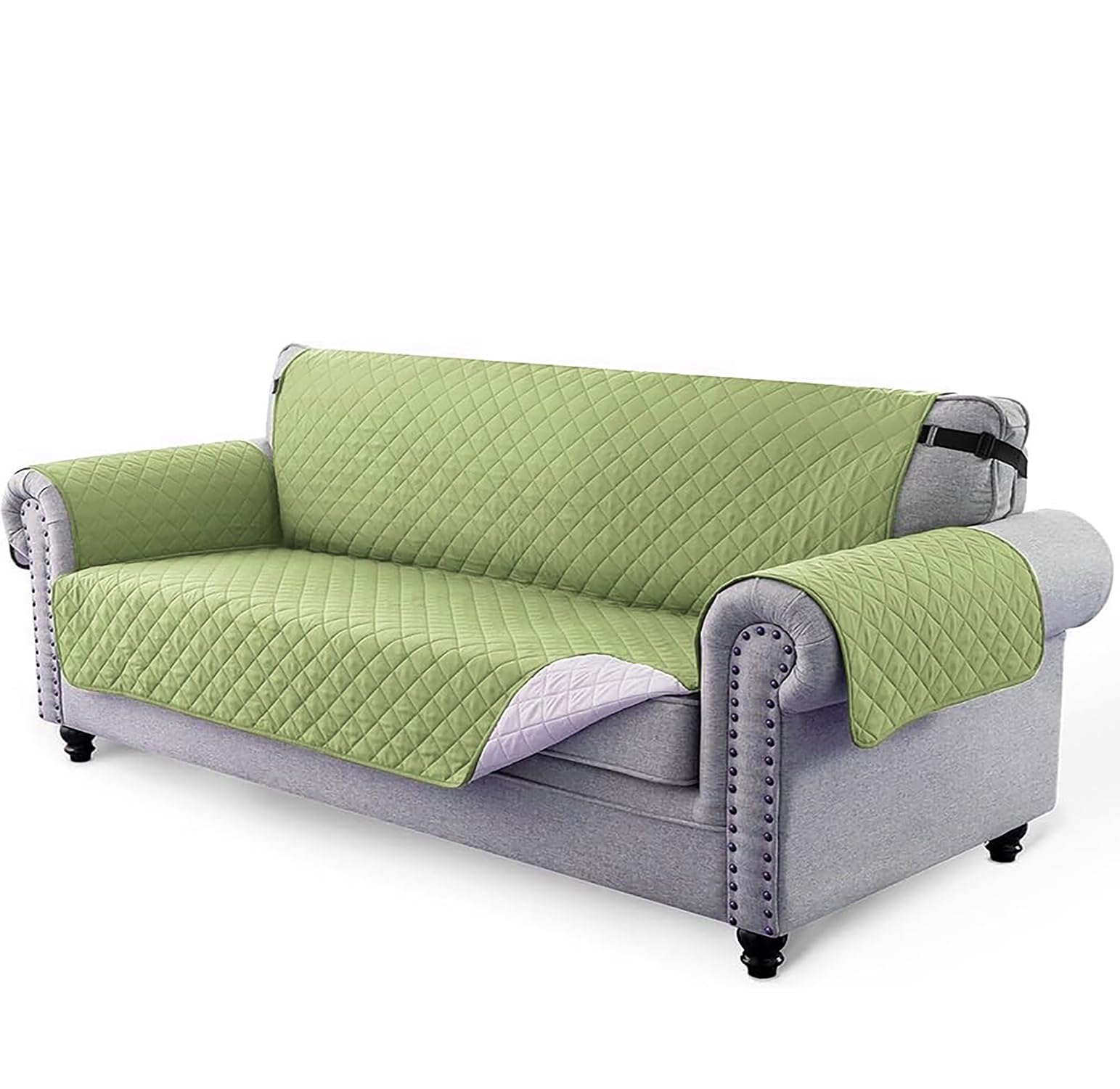 House of Quirk Reversible Sofa Cover, 3 Seater Couch Covers with Adjustable Elastic Straps, 280 GSM Sofa Slipcovers for Pets (Green/Beige, 172.7 x 190.5cm)-image-47