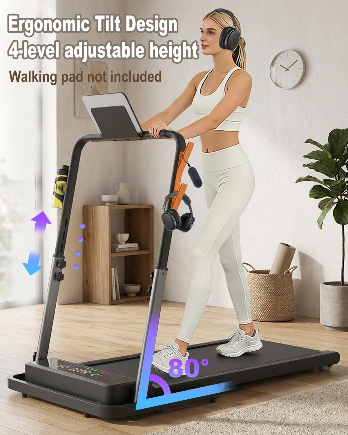Walking Pad Handle Bar Attachment Only, Compatible with Walking Pads 22.4" Wide, Adjustable Treadmill Handrail with Phone/Cup Holder & Towel Hooks,Overbold Stable, Easy Assembly, Black image 2