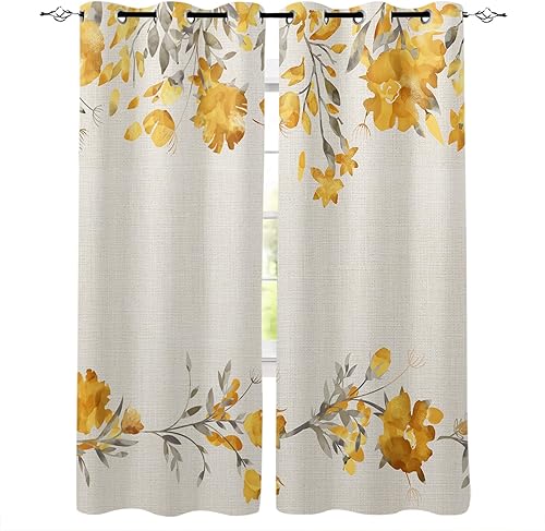 Cortinas opacas para dormitorio, plantas, color amarillo, floral, acuarela, textura de lino, con ojales, cortinas de tratamiento de ventana,