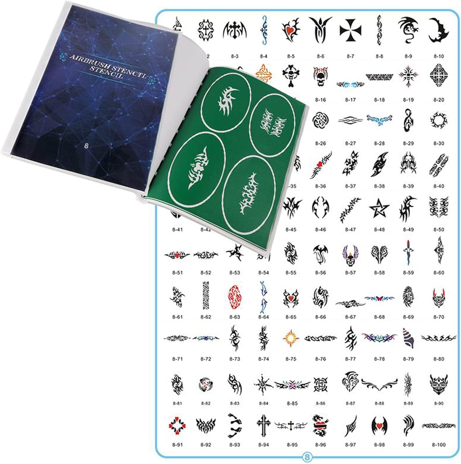 100pieces Reuseable Airbrush Temporary Tattoo Stencils Book Airbrush Tattos for Face, Body, Paint Art, Hobby