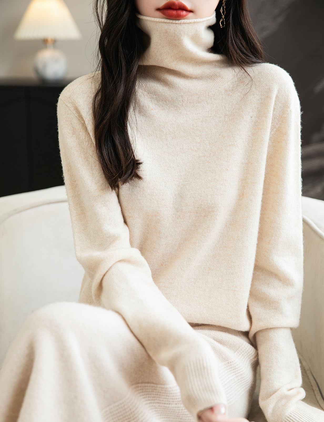Chanyarn Mujer Jersey 100% Lana Merina de Cuello Alto Primavera Otoño Suéter Manga Larga Sin Costuras Jersey de Punto