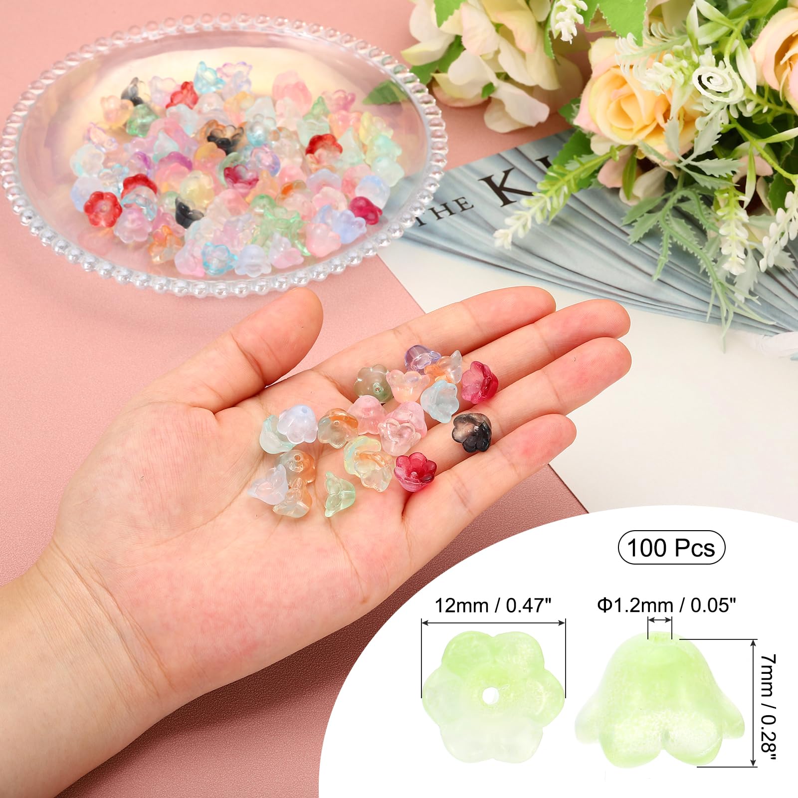 PATIKIL Glass Trumpet Flower Beads, 100 Pcs Gradient Flower Bead Charm for DIY Craft Decorations Light Green - Image 2