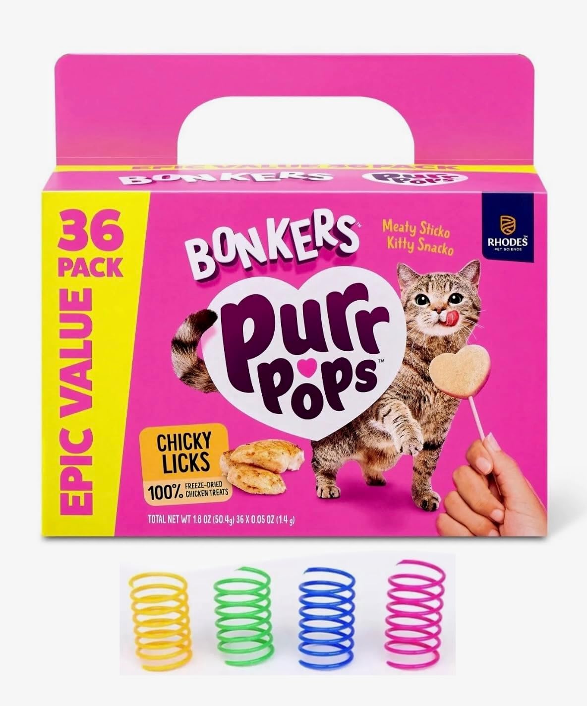 Bonkers Purrpops, Freeze Dried Chicken Flavored Lollipop Cat Treats, 36 pk with Cat Spring Toys Bundle Pack!