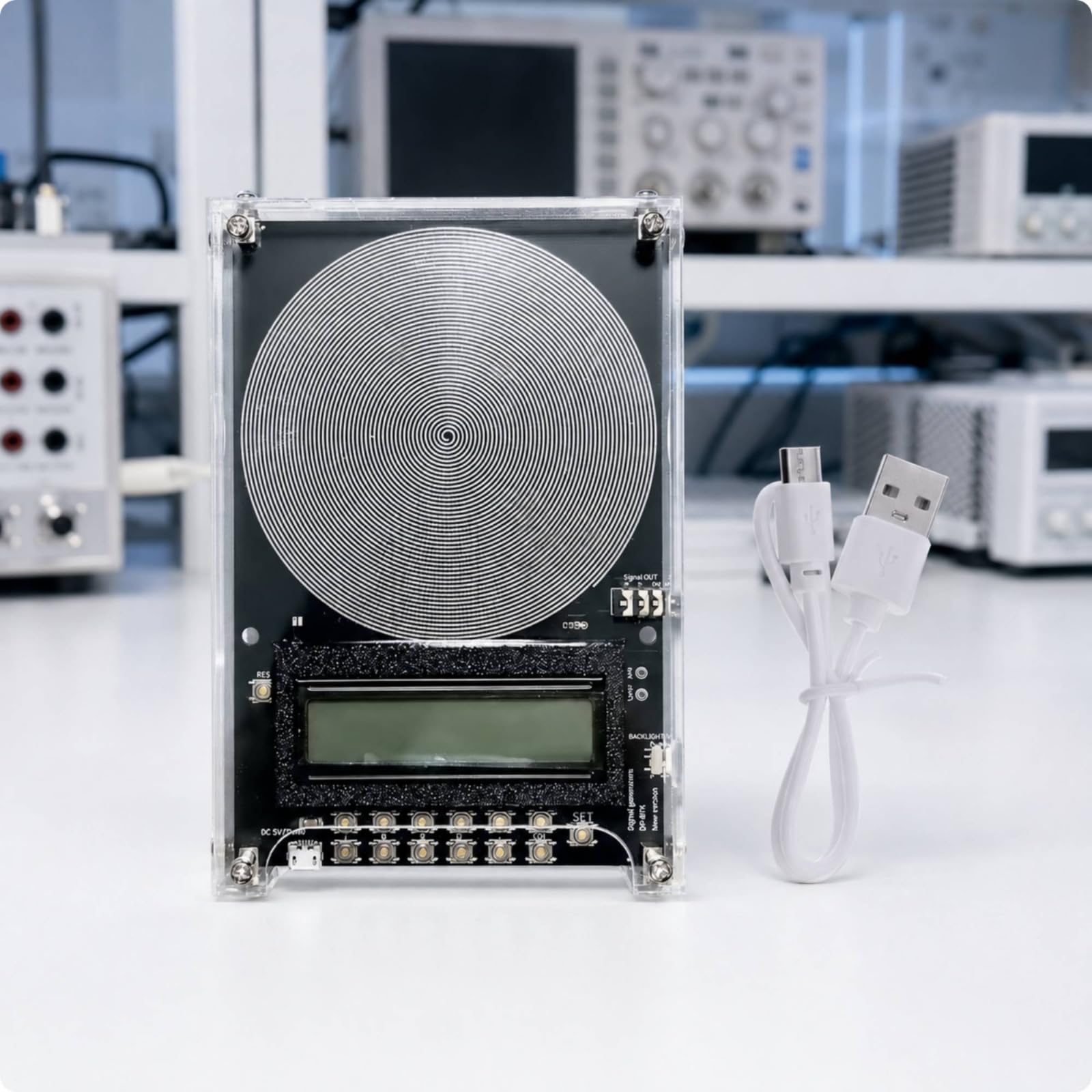 Perfeclan Generador Frecuencia Ajustable Acrílico con Antena Transmisora Integrada y Teclado Digital para Pruebas s Sonido y Experimentación con Señales, Negro