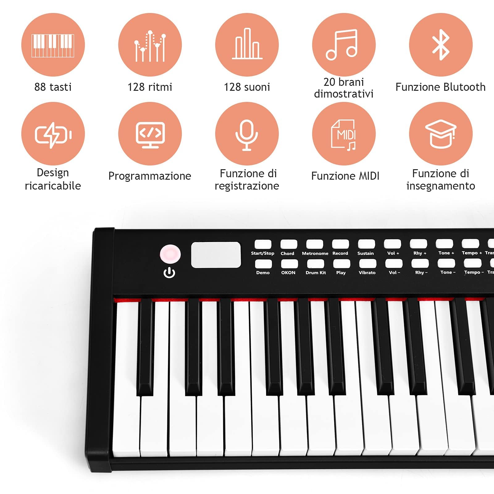GYMAX Tastiera Elettronica 88 Tasti, 128 Ritmi e 128 Suoni, Pianoforte Digitale Portatile con Funzione di Insegnamento, Interfaccia USB, Borsa, Pedale di Sustain, per Bambini 3 Anni+ (Nero)