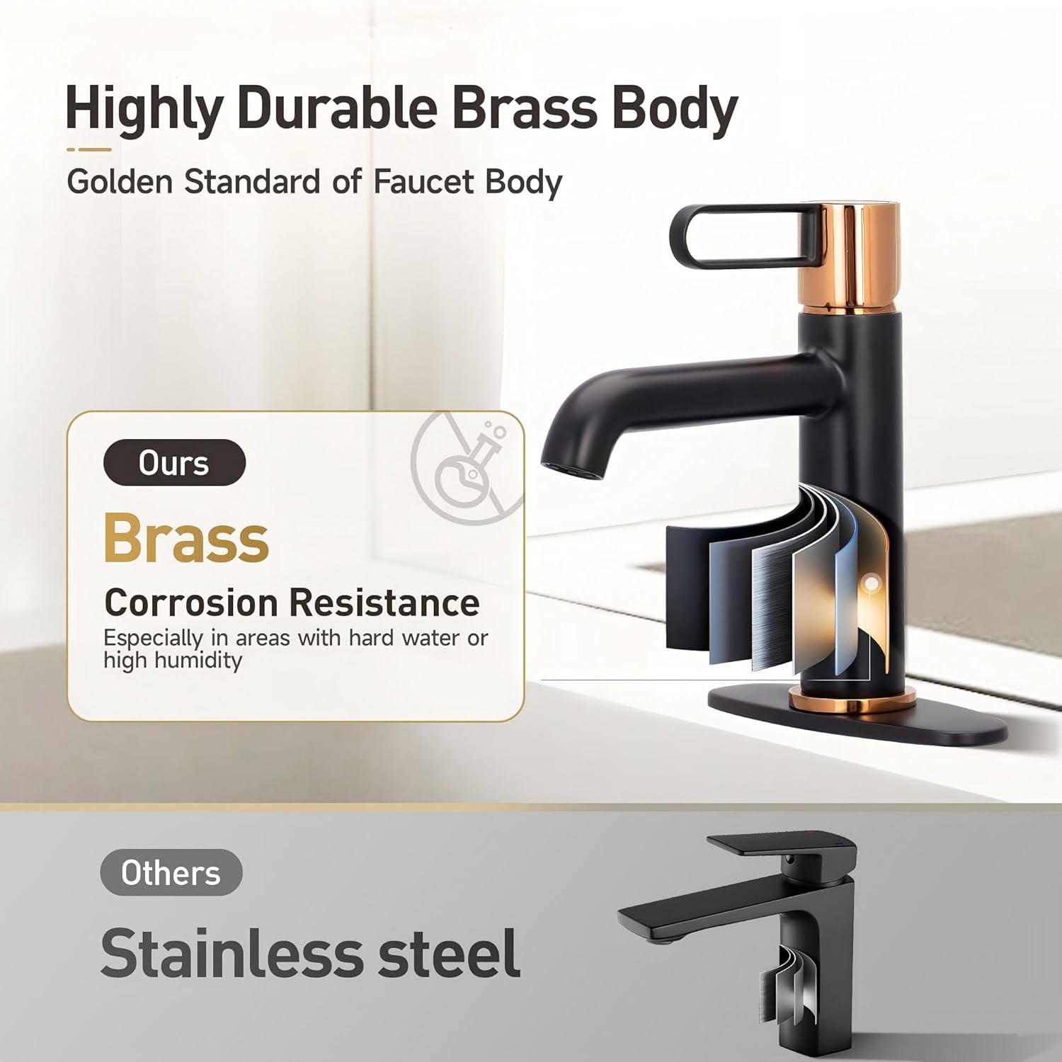Single Hole Bathroom Faucet | 6.9" Black and Gold Luxury Single Handle Bathroom Faucet with Solid Brass Body, Spot-Free Finish & Anti-Splash Design | 1 or 3 Hole | Easy Installation