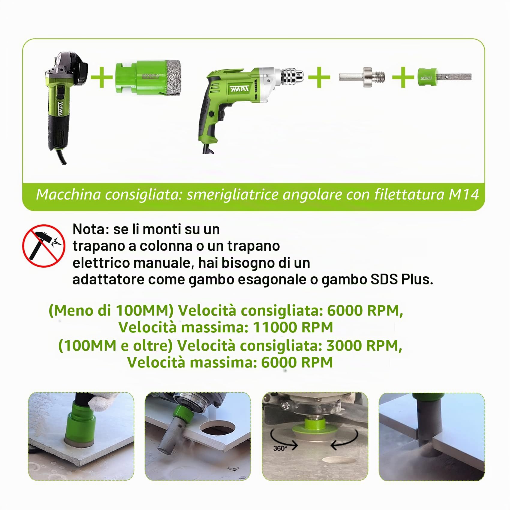 Fresa Diamantata 6/8/10/25/35/50/68/110MM Punte Trapano Diamantate 11 Pezzi con Alluminio Scatola e 20mm and 50mm Fresa e Adattatore per Porcellana Piastrella Granito Marmo Taglio a Secco