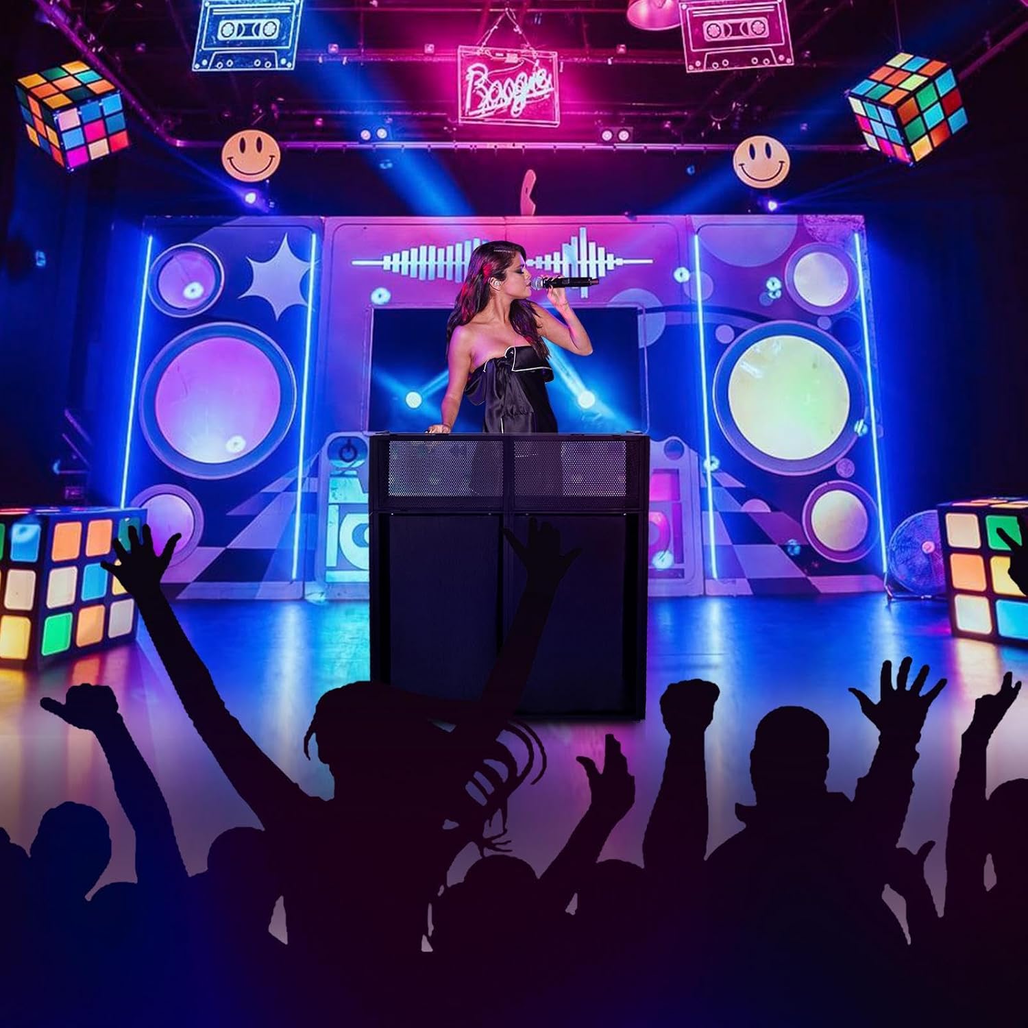DJ Table Stand Portable, DJ Booth Panel with Cable Hole, Adjustable Audio Mixer Stand with Black and White Scrims, Carrying Bag for Private Events, Clubs