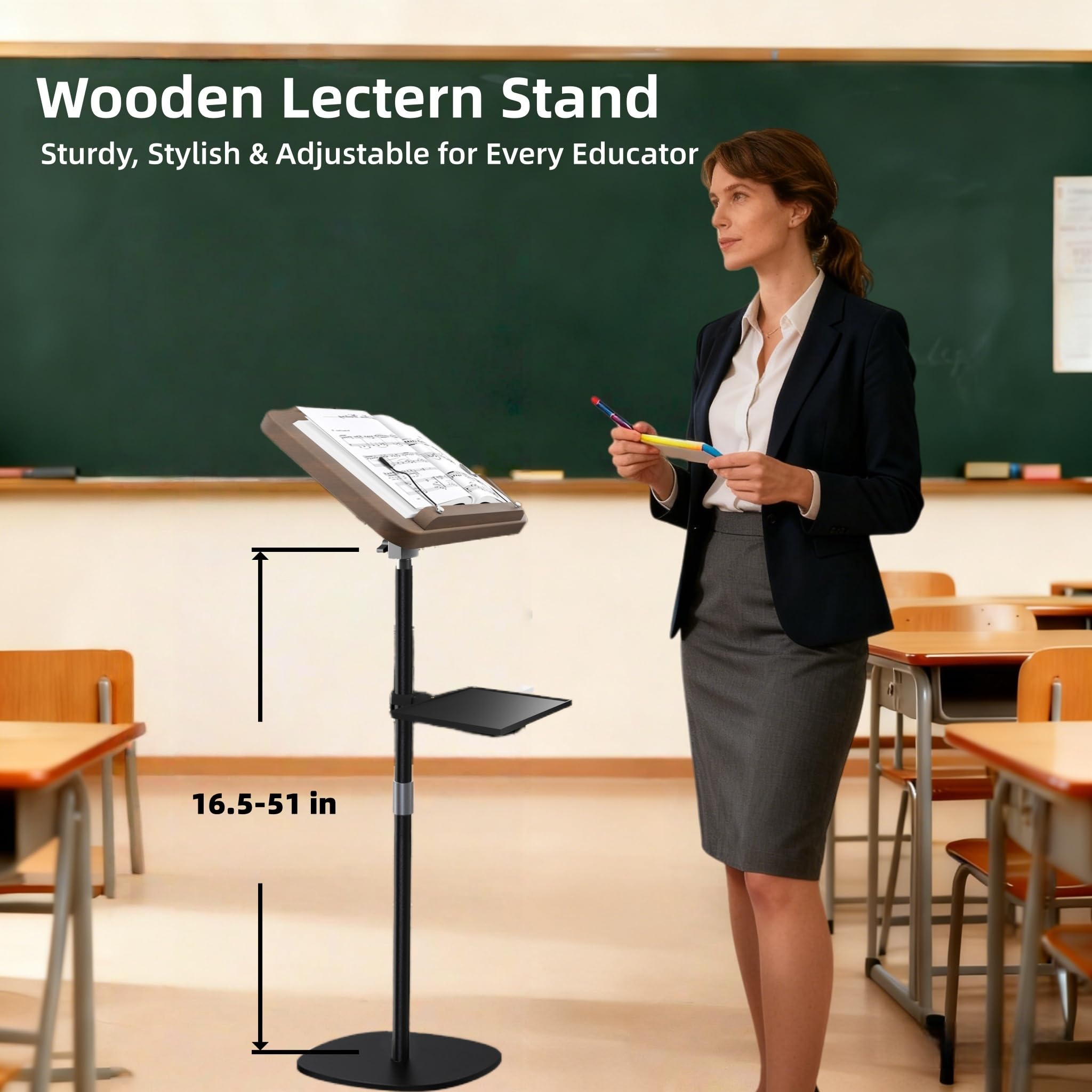 NAMON Atril portátil de madera, altura ajustable (16.5-51 pulgadas) y ángulo (180°), incluye bandeja + soporte para teléfono + clips de página, perfecto para profesores, conferenciantes, serpentinas