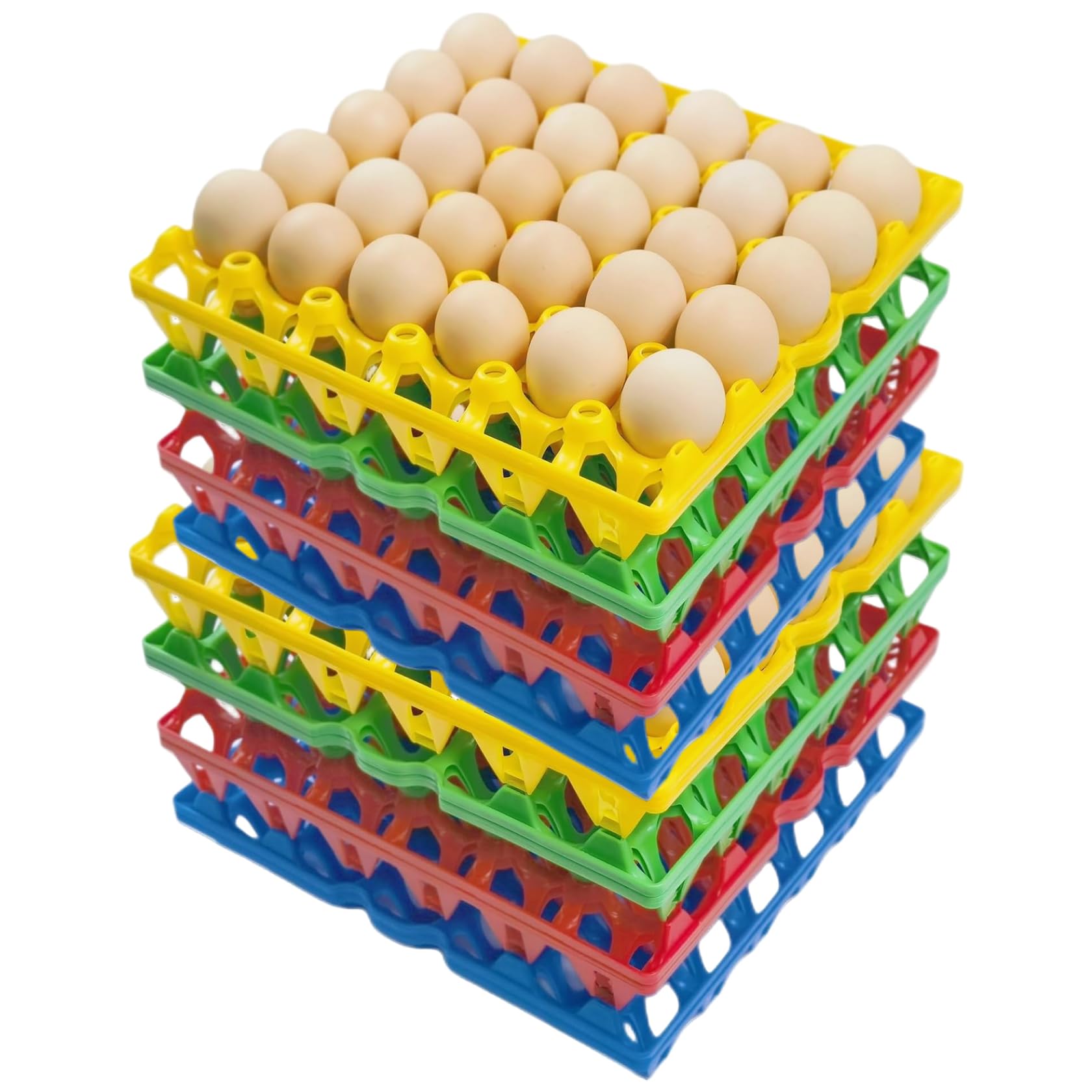 8 cajas de huevos de plástico, 30 bandejas de huevos para transporte seguro, cajas de reutilizables y apilables a granel para almacenar, clasificar y enviar (4 colores)