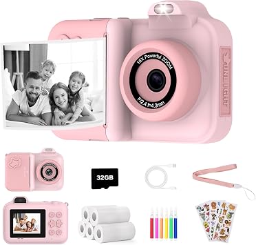 キッズカメラインスタントプリント、1080p Hdデュアルレンズセルフィー、幼児用デジタルカメラ、5ロール用紙&32gbカード付き、クリスマス誕生日ギフト、女の子、男の子、年齢3、4、5、6、7、8、9、10、11、12、子供のおもちゃ。
