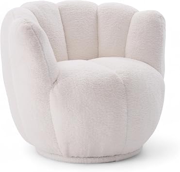 Cosy Round Boucle Swivel Cuddle Chair   Rotating 360  Tub Chair, Plush Padding & Wooden Frame   Durable Teddy Fabric   Shell Like Accent Armchair for Living Room & Nursery   White NAOMI