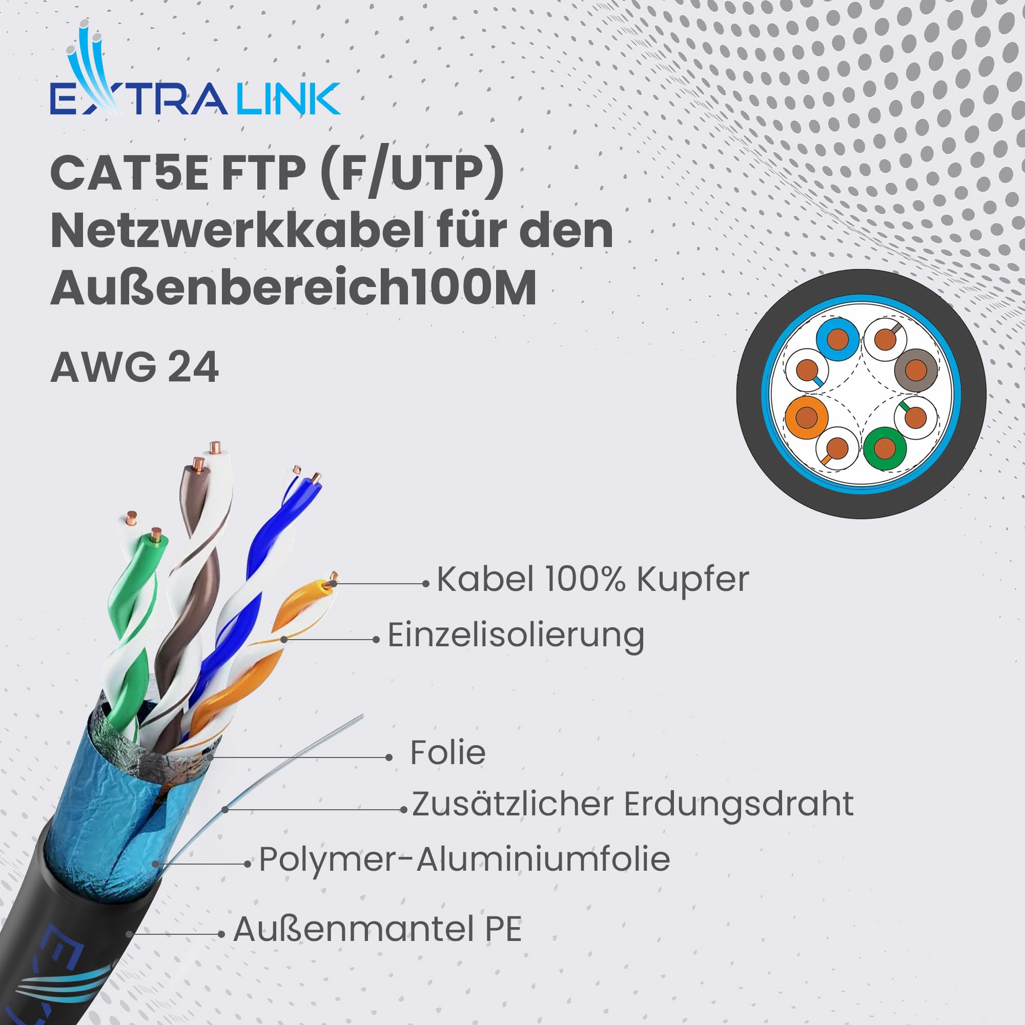 EXTRALINK 100m CAT5e Netzwerkkabel Outdoor LAN Kabel Verlegekabel Ethernet Installationskabel – 100% Kupfer F/UTP geschirmt, UV-beständig, PE Außenmantel, Outdoor Kabel langlebig & wetterfest
