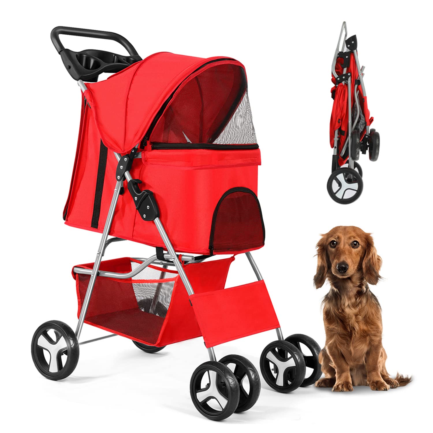 Photo 1 of Four Wheels Pet Stroller, for Medium Small Dogs Cats Travel Folding Carrier Stroller with Cup Holder & Removable Liner