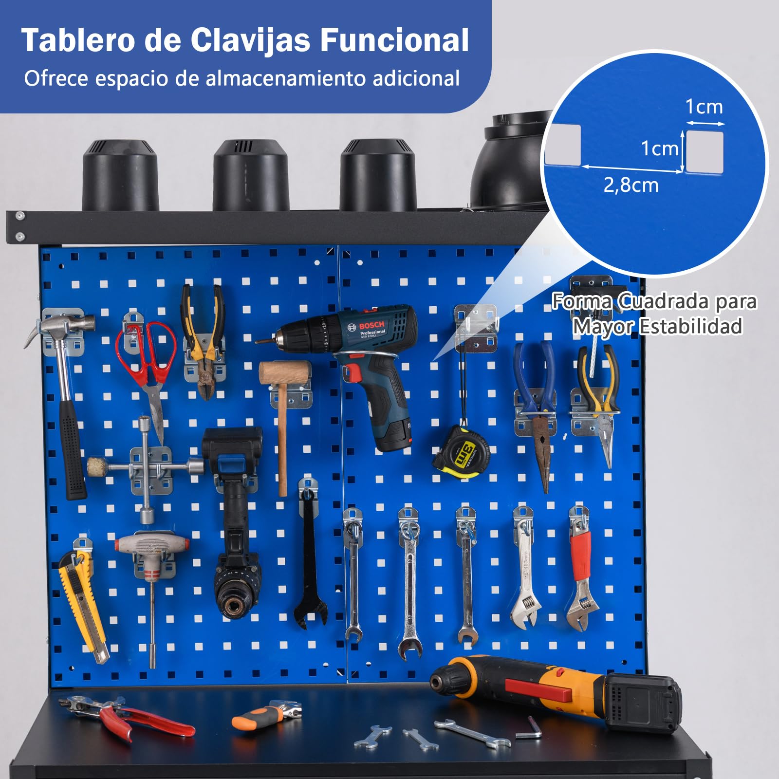 COSTWAY Banco de Trabajo Taller, Capacidad de 225 kg, Mesa de Trabajo con 3 Paneles de Perforación, 2 Cajones y Estantes, 20 Ganchos para Colgar (Azul,81 x 41 x 156 cm)