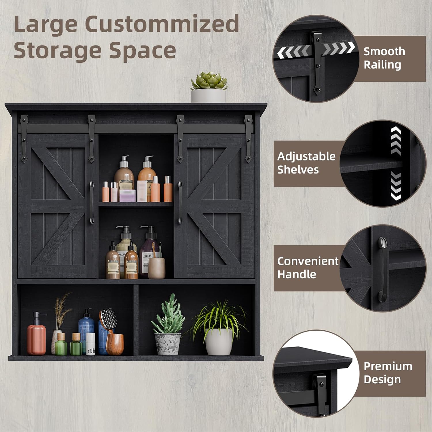 Vabches Bathroom Wall Cabinet, Farmhouse Medicine Cabinet with Double Sliding Barn Door and Adjustable Shelves, Wooden Vintage Storage Cabinet Wall Mounted for Bathroom, Kitchen Dining, Black