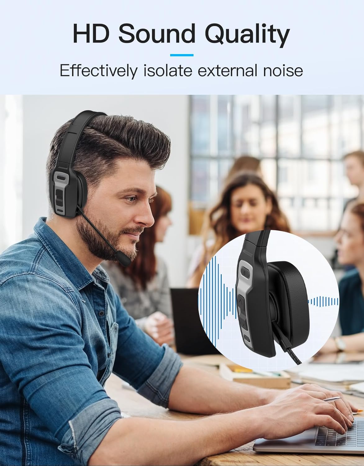 Trucker Bluetooth Headset with Microphone, Wireless Headset with Mic (Noise Canceling) Mute & Volume Buttons Clear Sound Single Ear Design for Work Office Home PC Tablet Computer Cell Phone