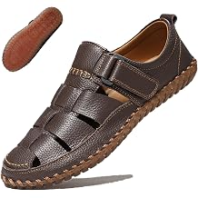 Men'S Leather Hollow Summer Casual Sandals Round Closed Toe With Adjustable Hook Loop Outdoor Fisherman Shoes Hand Stitching Soft Anti-Slip Breathable Driving Hiking Sport Shoes