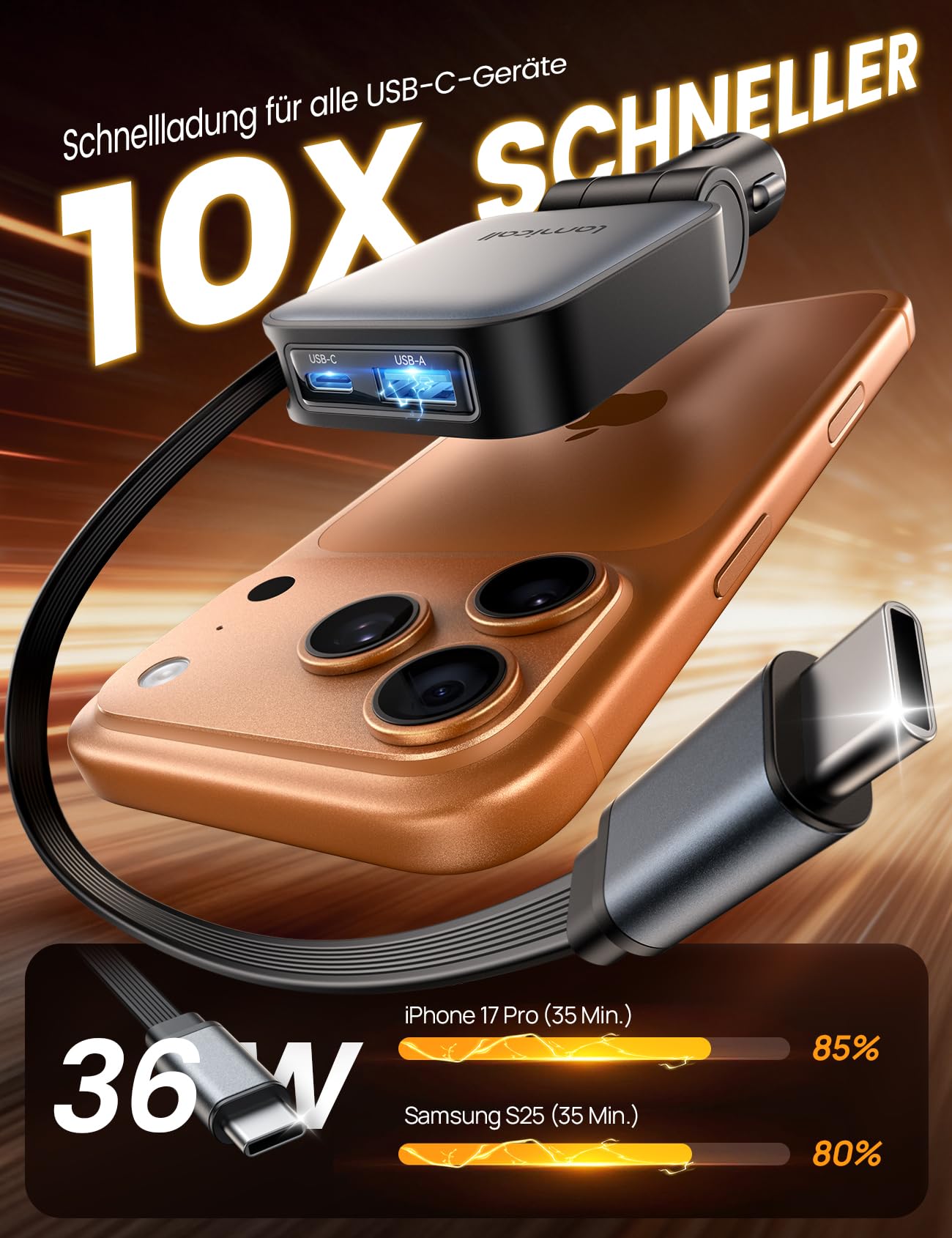 Lamicall 3 IN 1 Zigarettenanzünder USB C Auto Ladegerät - [Ultradünn - Um 75% Kleiner] 63W USB Adapter Auto mit einziehbare Typ-C Kabel/USB C/USB A, 24/12V KFZ Schnellladegerät Auto für iPhone/Samsung