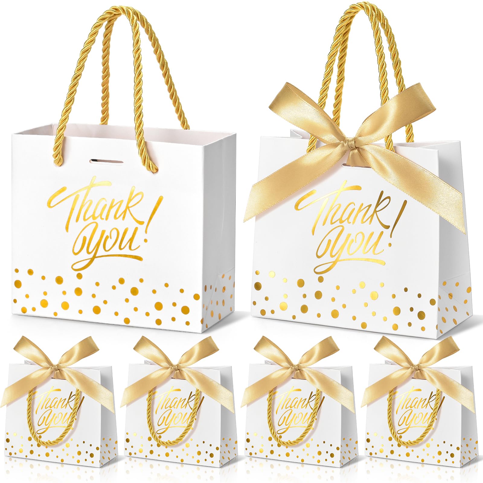 EQOREIIN Small Thank You Gift Bags 50pcs 5.5x2.5x4.7 Inches Small Gift Bags with Handles Bow Ribbon White Paper Bags for Party Favor, Mother's Day，
