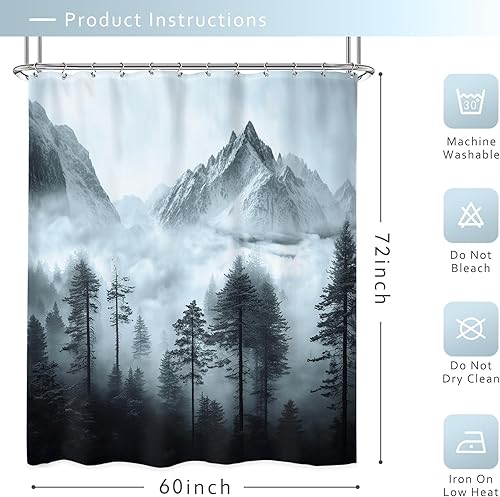 Miniatura 3 de Riyidecor Cortina de ducha brumosa, 60 pulgadas de ancho x 72 pulgadas de alto, montaña ahumada, niebla fría, oscura, árbol natural, bosque,
