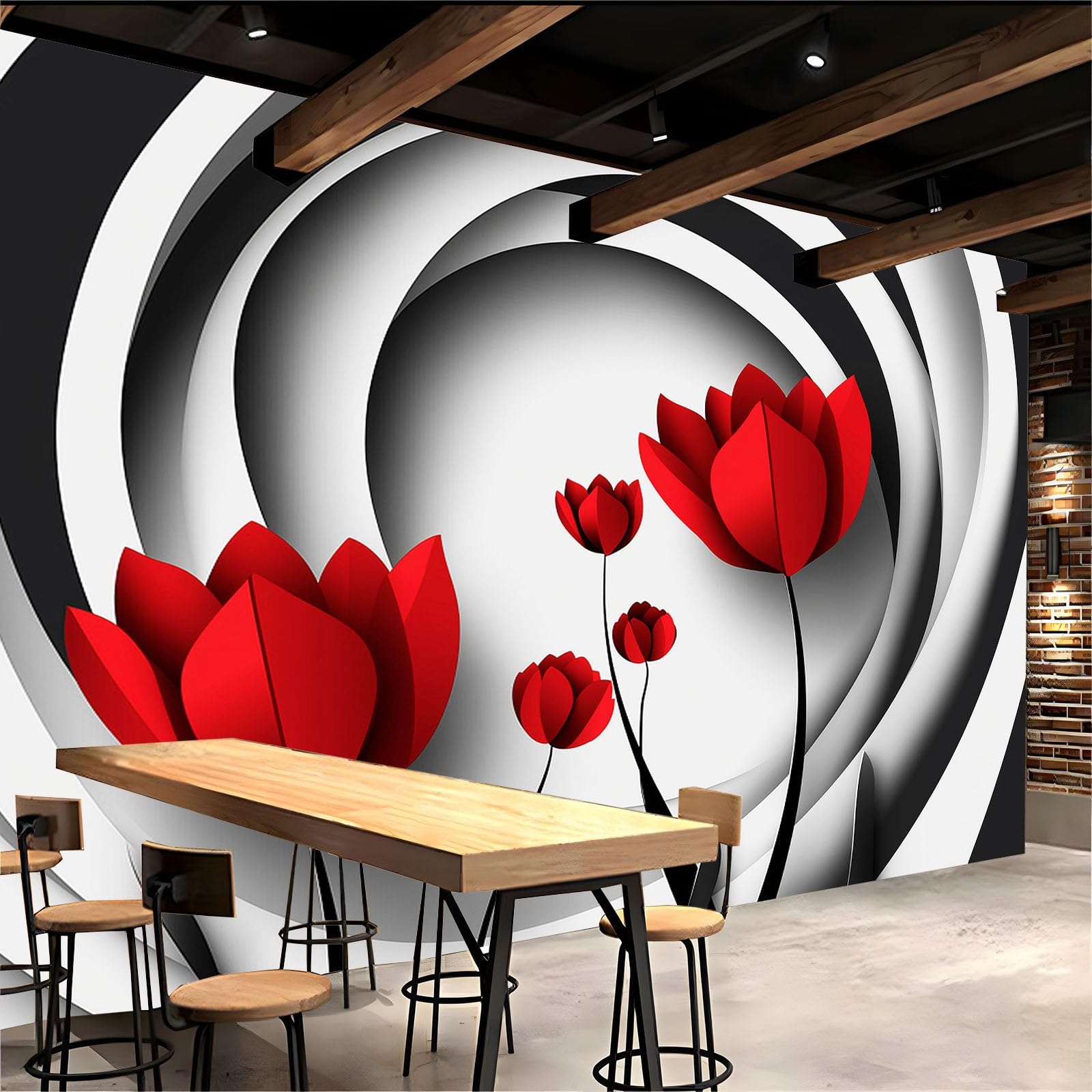 Genérico Tapeta Czerwone Tulipany Trójwymiarowe Paski Fototapety Włóknina 250 x 175 cm Fototapety Dekoracyjne Fototapety Ścienne Efekt 3D Dekoracyjny Salon Tapety Kuchnia