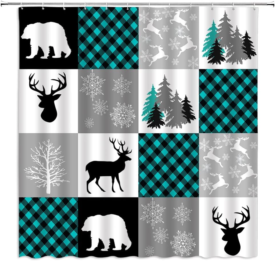 Rustic Bear Deer Shower Curtain Cabin Purple Black Buffalo Check Plaid Wildlife Hunting Lodge Moose Vintage Farmhouse Camping Country Fabric Bathroom Decor Set with Hooks(70" Wx78 H)