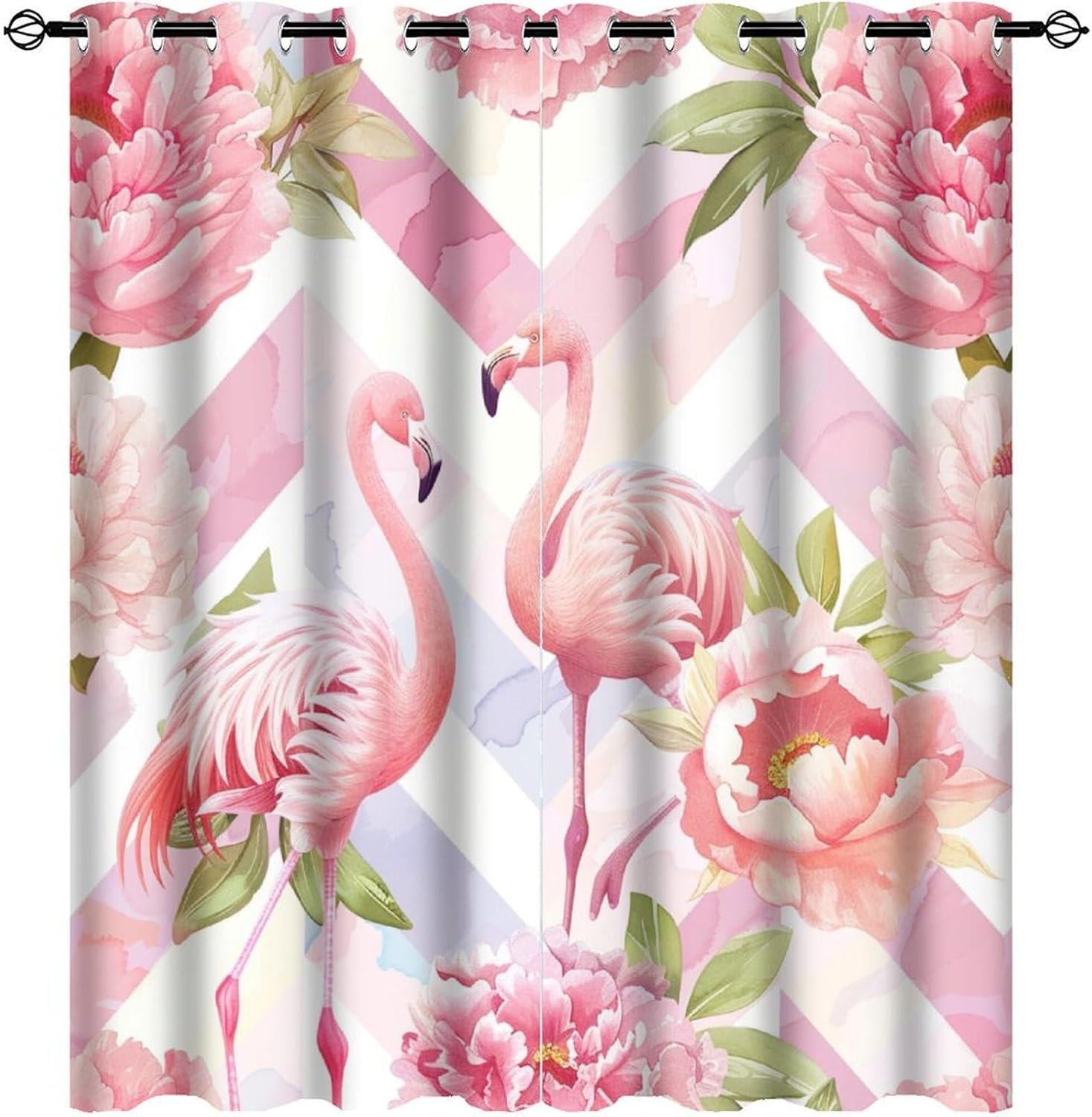 Flamingo Watercolor Curtains for Bedroom, Fantasy Peony Floral Plants Novelty Grommet Blackout Curtains Thermal Insulated Window Drapes for Living Room, 21W x 45L, 2 Panels