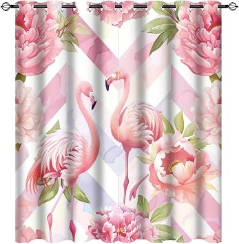 Flamingo Watercolor Curtains for Bedroom, Fantasy Peony Floral Plants Novelty Grommet Blackout Curtains Thermal Insulated Window Drapes for Living Room, 21W x 45L, 2 Panels