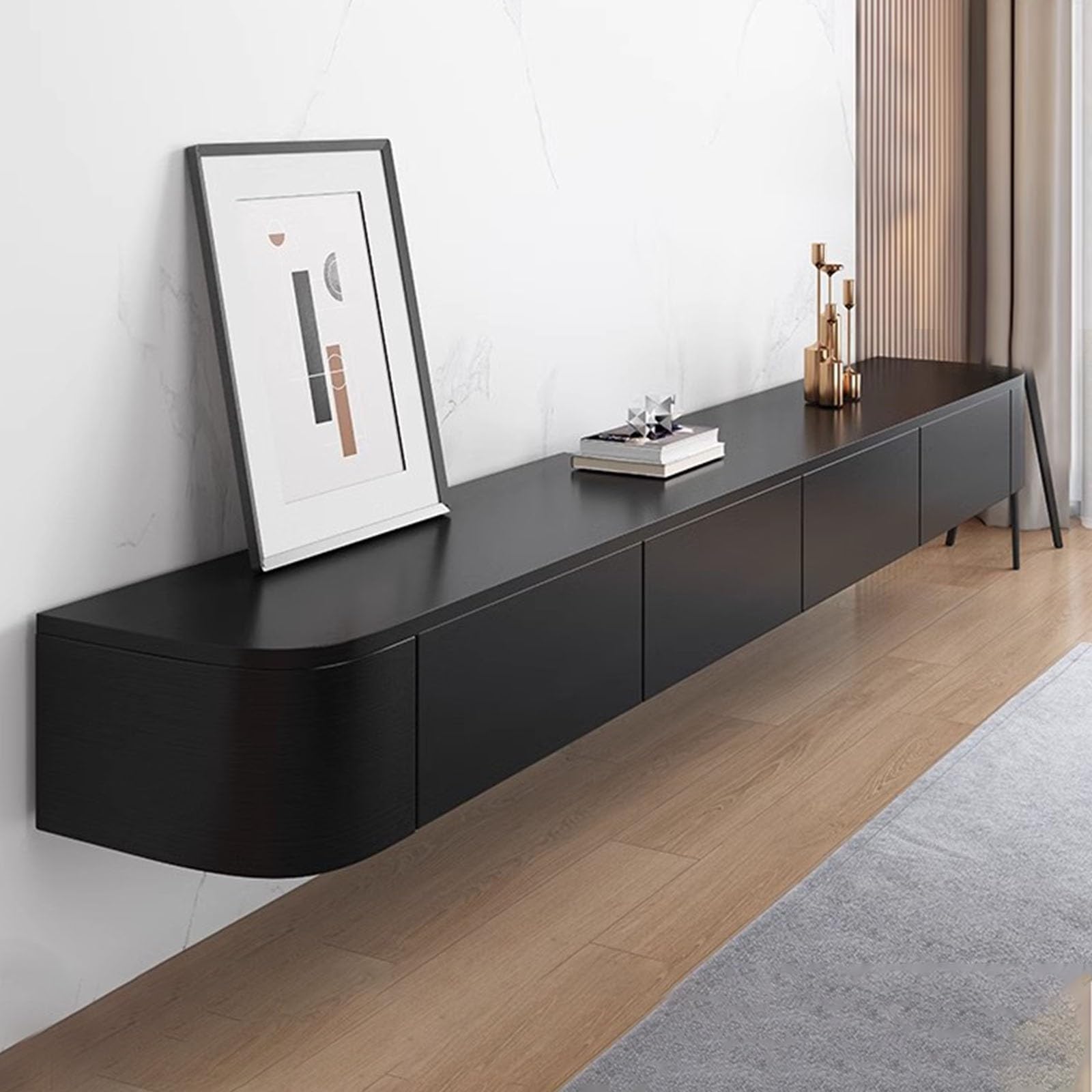 Tonuuoei Floating TV Cabinet Living Room Wall-mounted Bench Suspended Stand With Drawers Media Console(Black,200CM/78.7IN)