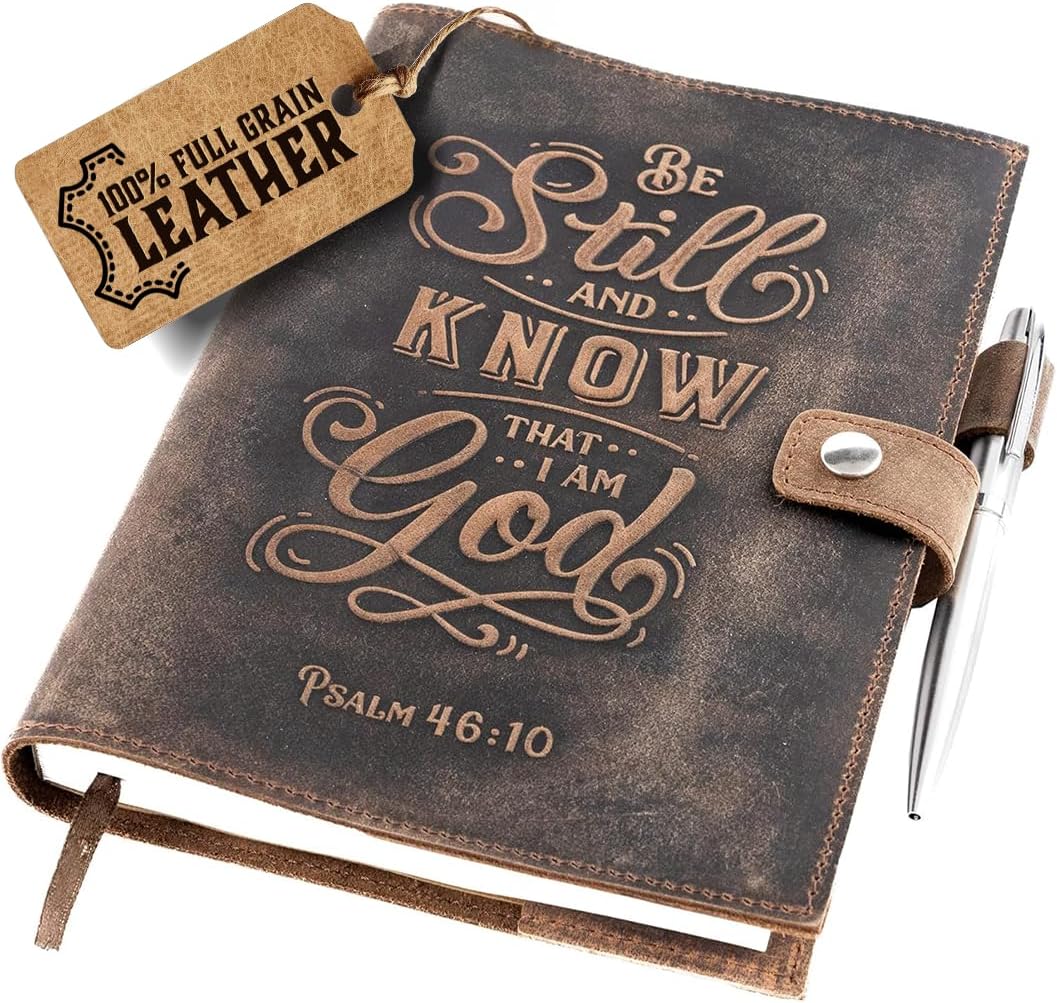 moonster Vintage Leather Journal Notebook for Journaling – “Psalm 46:10” Rustic Handcrafted Buffalo Leather Refillable Writing Travel Journal Diary, A5 Ruled 320 Pages with Luxury Pen