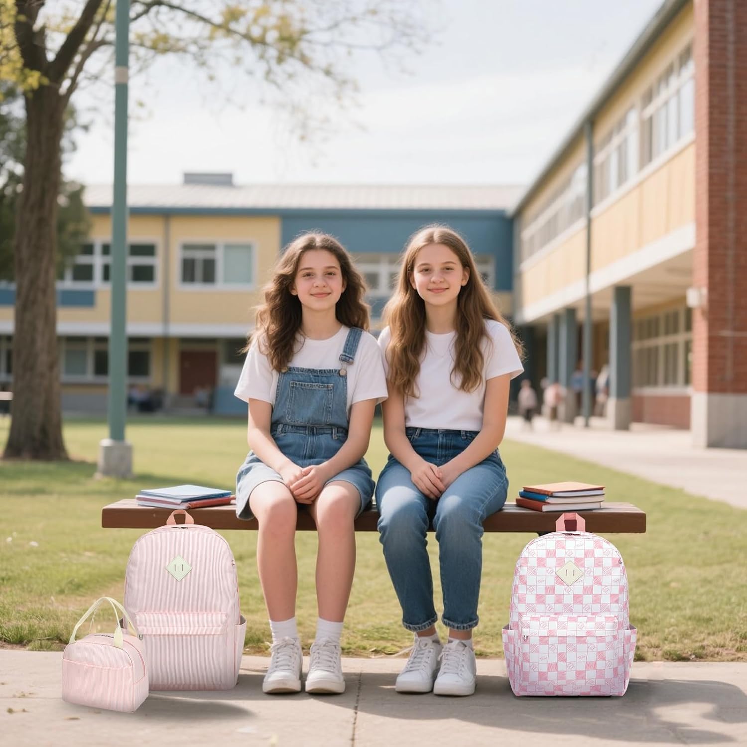 School Backpack for Girls, 3PCS Bookbags Set with Lunch Box Pencil Pouch Elementary Middle School Bag Laptop Back Packs (Cat Checkered Pink)