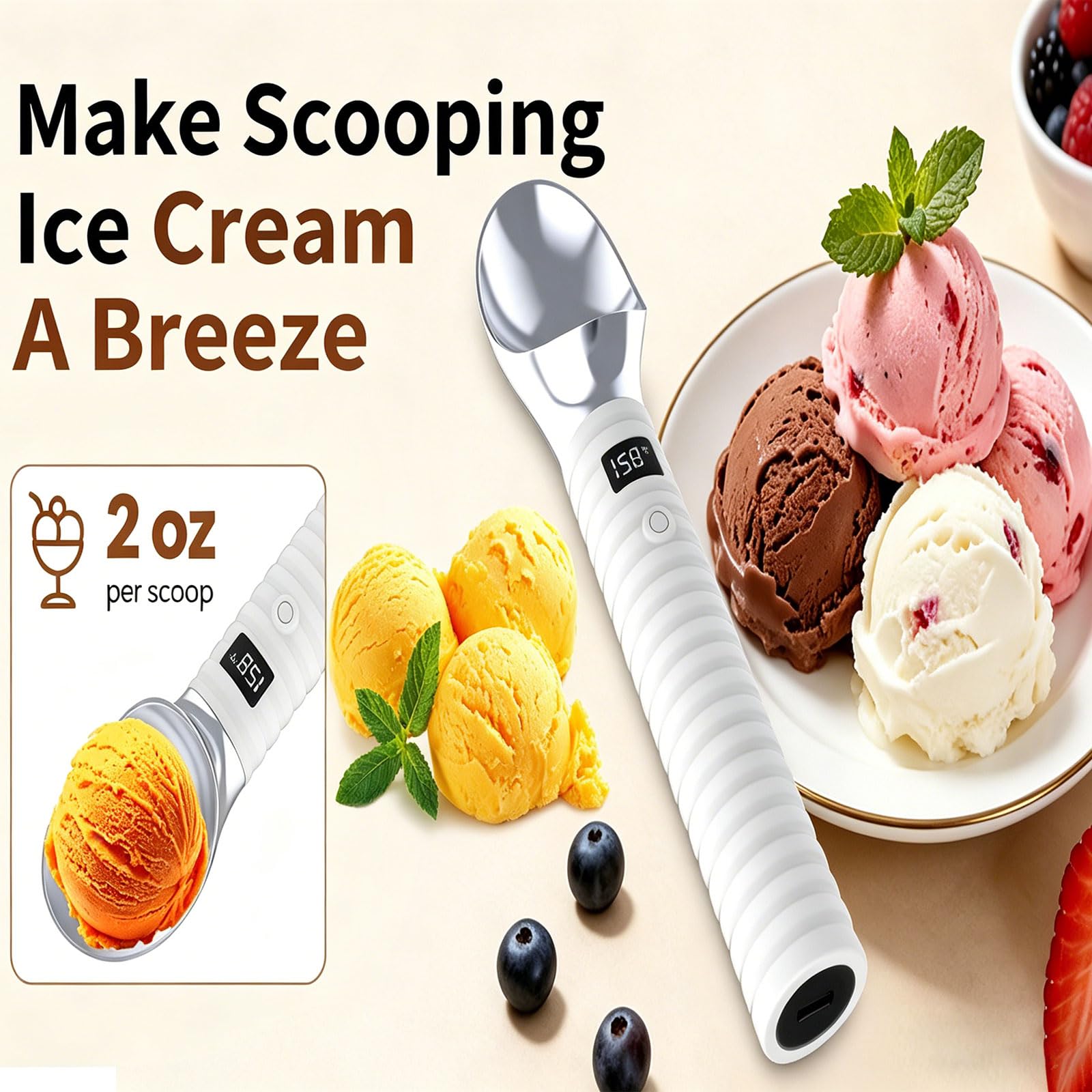 Cuillère à glace électrique avec fonction de réchauffement rapide et panneau LCD pour faire fondre facilement les bonbons réfrigérés Cuillère à crème glacée de qualité alimentaire