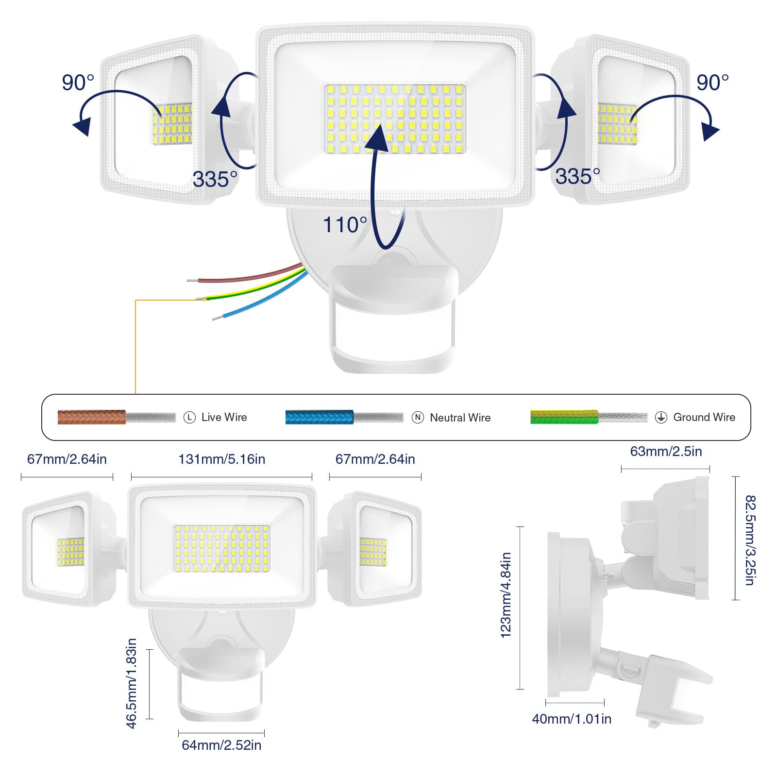 Onforu Reflektor LED z czujnikiem ruchu, na zewnątrz, 55 W, 5000 lm, reflektor zewnętrzny z regulowanymi 3 głowicami, 6500 K, zimna biel, IP65, wodoszczelny reflektor do garażu, ogrodu, na podwórko