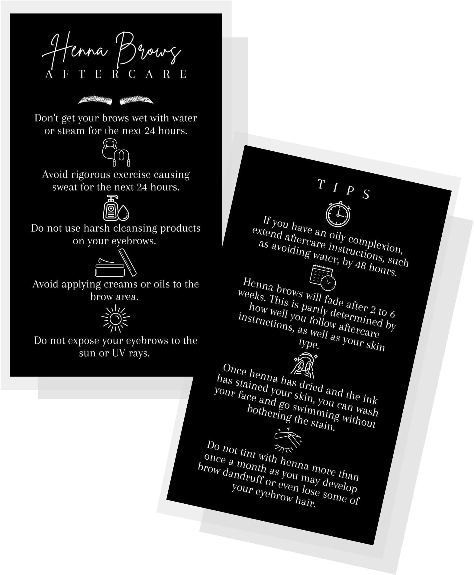 Brow Henna Aftercare & Tips Cards | Physical Printed 2 x 3.5” inches Business Card Size | Brow Artist Supplies | Henna Brow Care | Black and White Design