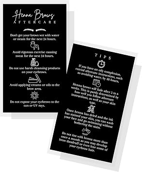 Brow Henna Aftercare & Tips Cards 50pk 2 x 3.5 Brow Artist Supplies Henna Brow Care Black and White Design