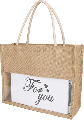 Miniatura 4 de TOPTIE 6 bolsas de arpillera con ventana de película de PVC transparente, bolsa de playa de yute reutilizable a granel
