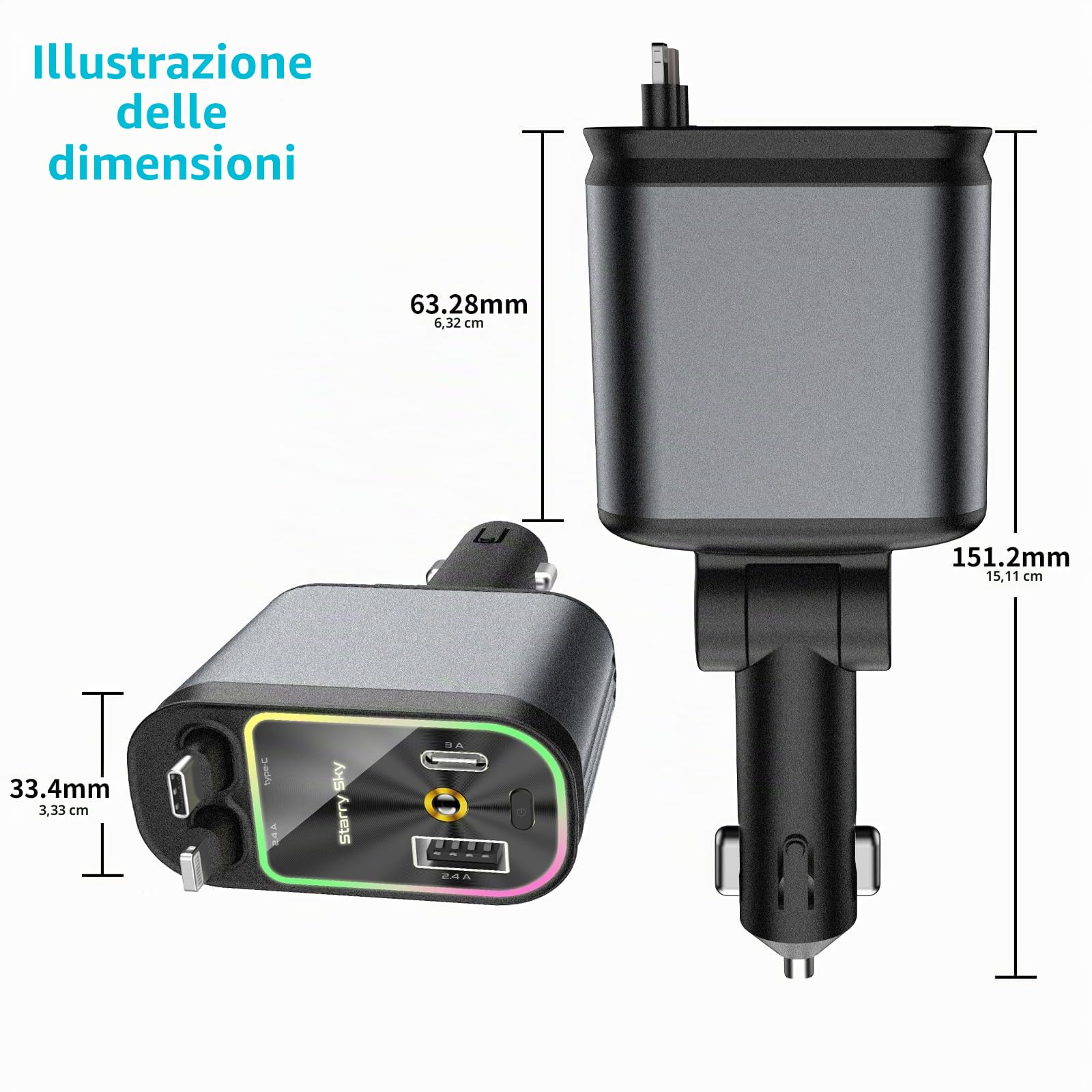 4 In 1 Caricatore Auto USB C 66W, Carica Batteria per Auto Cellulare con Luce Stellata, 12V/24V Caricabatteria da Auto Retrattile usb-C/usb-A, per iPhone 16/15/14, iPad, Android