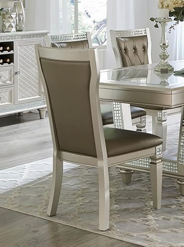 Miniatura 3 de Juego de mesa de comedor tradicional con acabado champán de 7 piezas con inserto de cristal 6 sillas laterales copetudas con respaldo copetudo