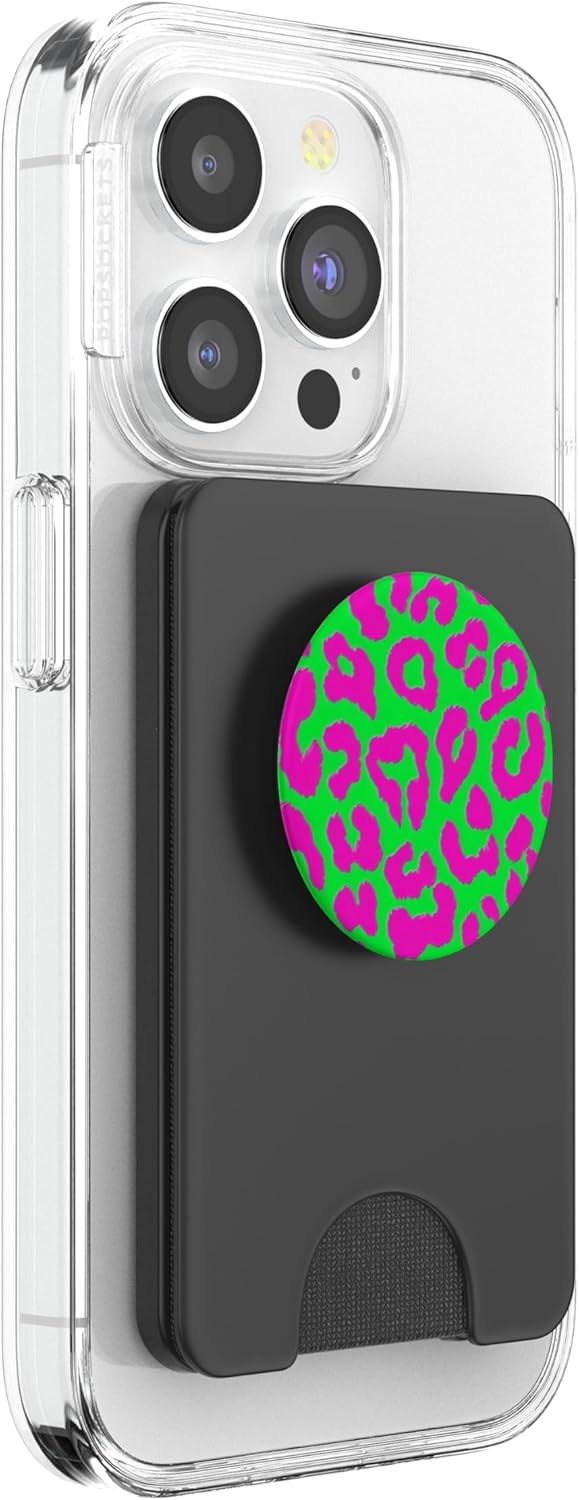 Green Pink Leopard Print PopSockets PopWallet for MagSafe