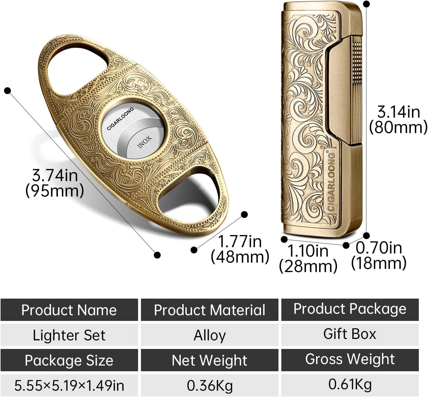 CIGARLOONG Cigar Cutter and Lighter Set Sharpening Blade Engraved Cigar Guillotine and Retro Carved Lighter(Color:Gold)