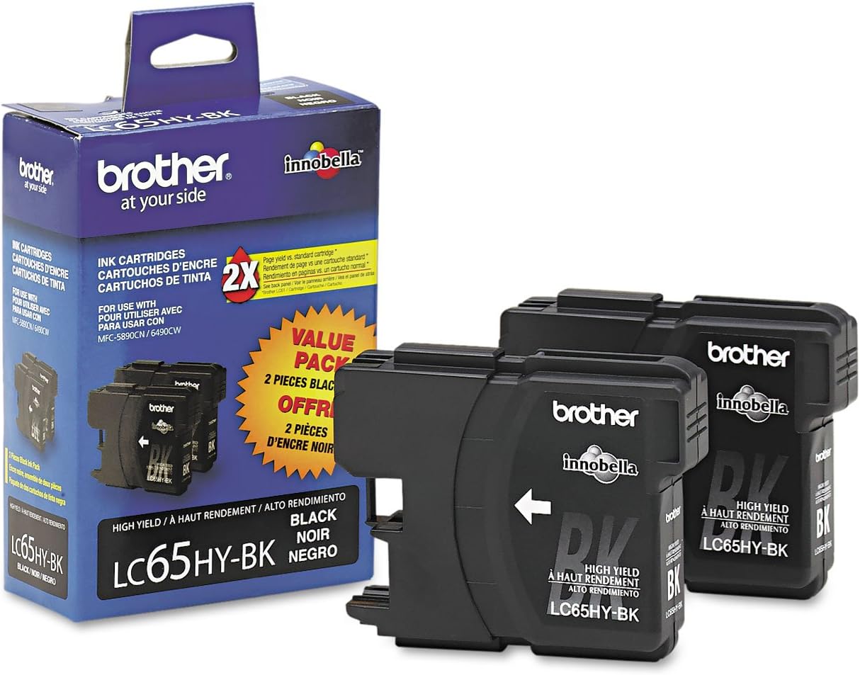 Brother LC65HYBK2 High-Yield 2-Pack -Ink Cartridge, 900 Page-Yield, Black