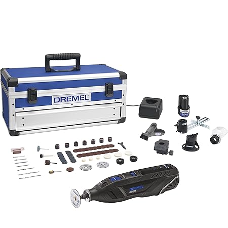 Dremel 8260 Akku-Rotationswerkzeug mit bürstenlosem Motor und 12V 3Ah Lithium-Ionen-Akku, Akku-Multifunktionswerkzeuge mit 65 Zubehörteilen und 5 Aufsätzen, variable Drehzahl 5.000–30.000/min