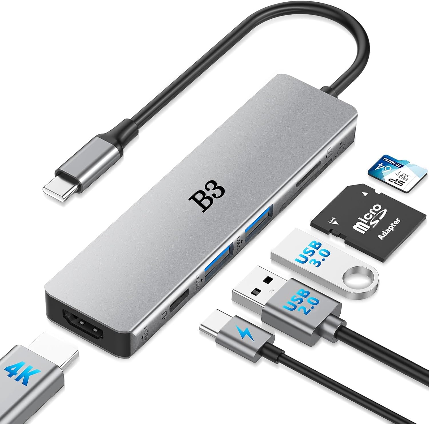 B3 USB C to 4K HDMI Adapter for MacBook Pro Air, 6 in 1 USB-C