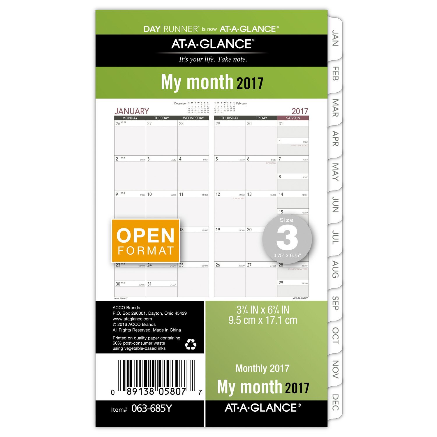 Day Runner Monthly Planner Refill 2017, Open Format, 3-3/4 x 6-3/4", Size 3 (063-685Y)