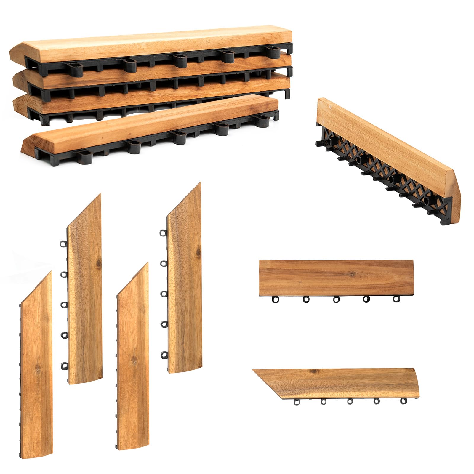 Crystals 1 Slat Interlocking Wooden Deck Edges 30 x 7 x 3cm Hardwood Tile Edges for Patio, Balcony, Garden – Easy Installation, Durable Wood Solution, Great Drainage (16 x Edges For Decking Tiles)
