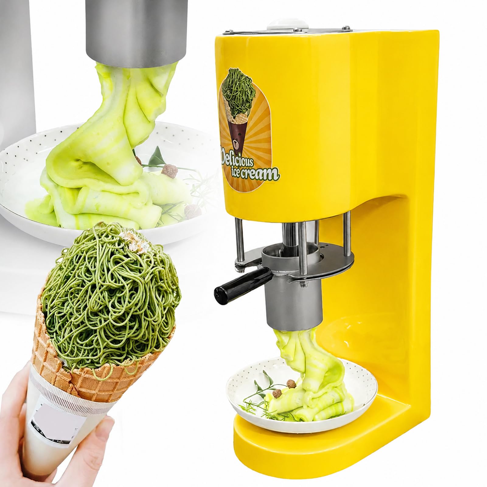 LYJIANGXIN Electric Spaghetti Ice Cream Maker Machine Commercial, 80W Ice Cream Noodle Extruder with 4 Stainless Steel Shapes, High Capacity Soft Serve Dessert Machine for Cafés & Restaurants