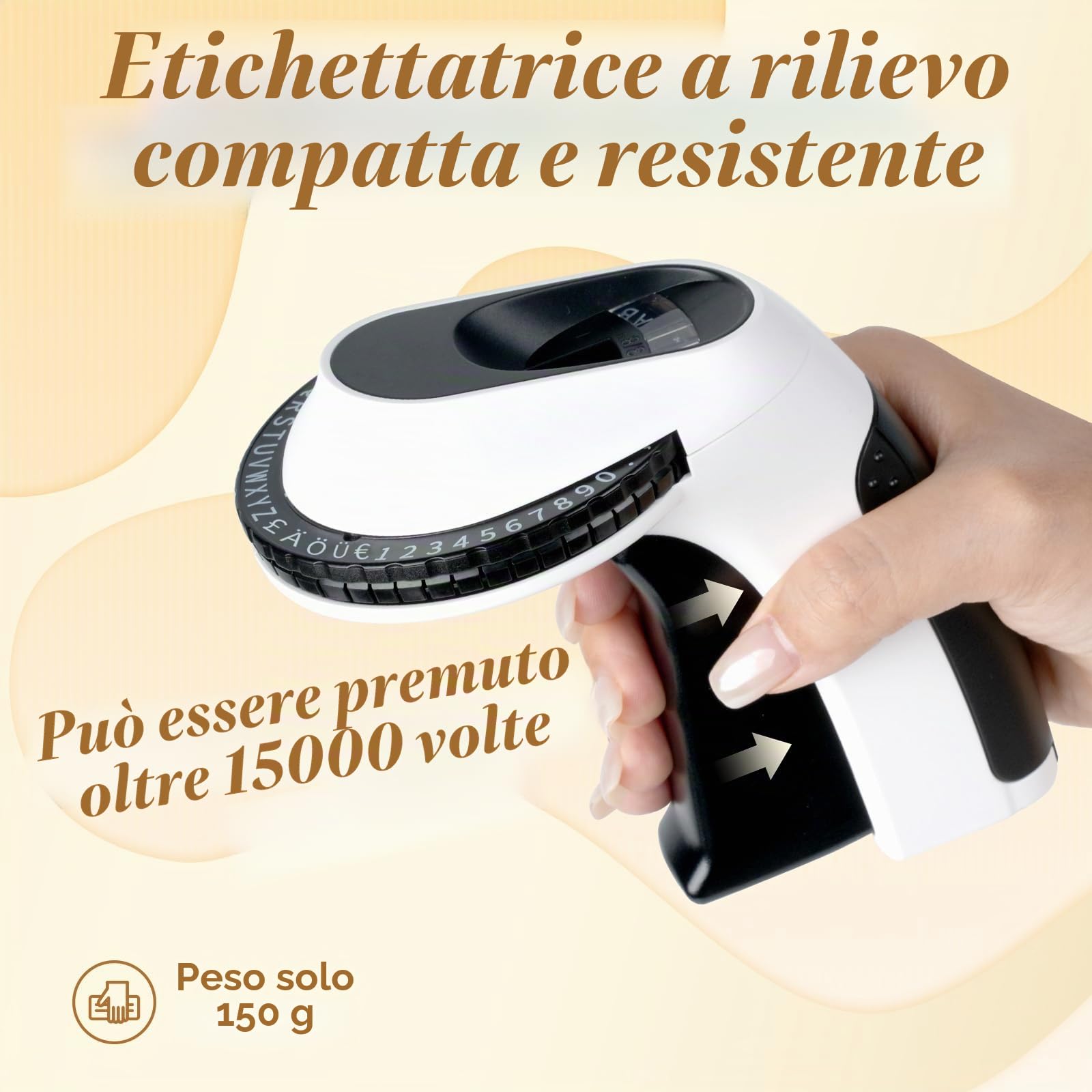 Etichettatrice a Rilievo, 3D Etichettatrice Etichette Adesive Nero, Stampante Portatile E975, Macchina da Scrivere Omega con 6 Nastro design ergonomico con rotella a scatto per uso domestico