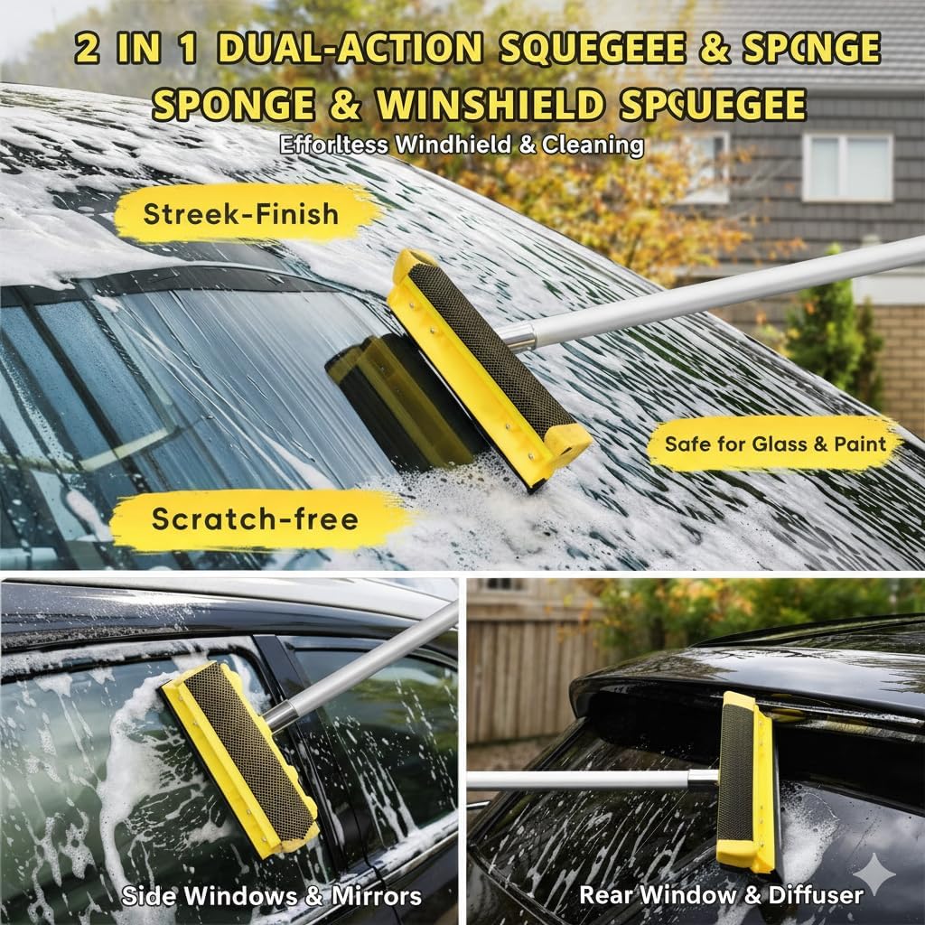 144" Car Wash Kit with Telescoping Pole, 20L Collapsible Bucket, Chenille Microfiber Mop, Bristle Brush, 2-in-1 Sponge & Window Squeegee, Towel & Waterproof Glove for RV Truck SUV Boat